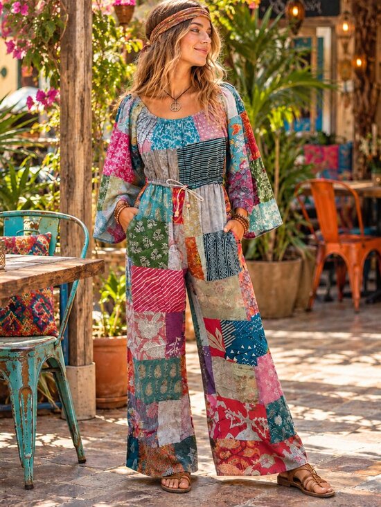 Blue Sky Pants - NWT Cotton Patchwork Drawstring Jumpsuit-Size X-Large